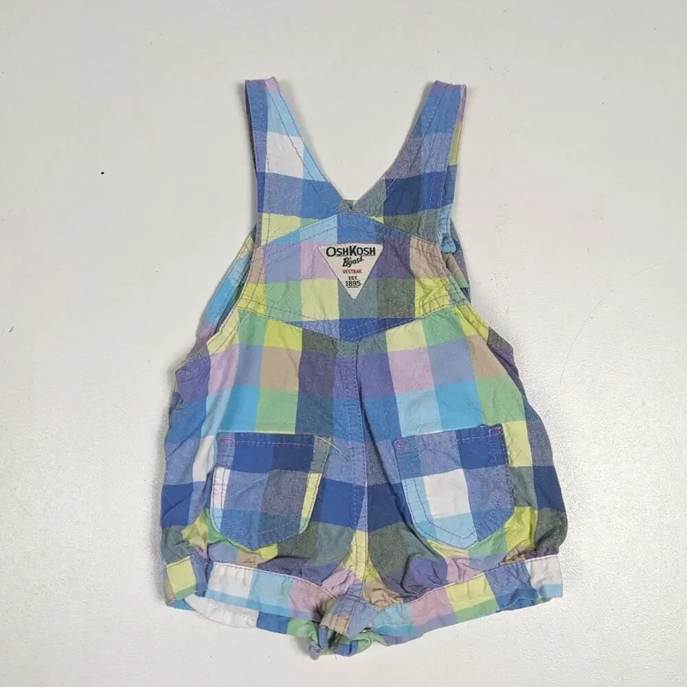 Oshkosh Bgosh Bubble Overalls Baby Girls Sz 6m Blue Pastel Plaid